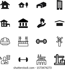 building vector icon set such as: hard, dangerous, job, cargo, stock, tower, mortgage, box, roman, hut, set, window, helmet, skyscrapers, website, image, manager, work, mill, roof, sale, classical