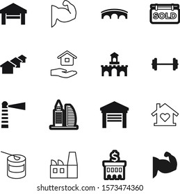 building vector icon set such as: historical, advertisement, history, training, holding, classic, engineering, ancient, dumbbell, commercial, three, heart, whey, finance, roof, equipment, gainer