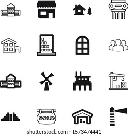 building vector icon set such as: buildings, factory, greek, smoke, classical, decorative, pyramids, partnership, wooden, village, farming, pillars, restaurant, advertisement, people, storage