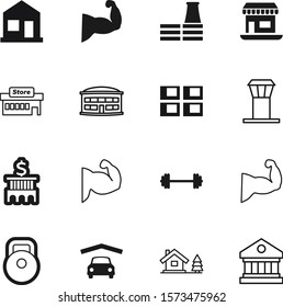 building vector icon set such as: window, tower, factory, shopping, grocery, success, muscle, pollution, hut, center, blue, sale, mall, industry, government, classical, company, dumbell, station, bus