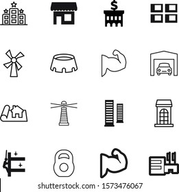 building vector icon set such as: coffee, men, garage, style, windmill, floor, front, blueprint, game, technology, outline, shore, flag, signal, company, decorative, model, sketch, grocery