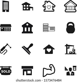 building vector icon set such as: wall, wheel, school, small, front, person, machinery, skyscraper, grocery, line, service, steel, weld, court, user, architect, manager, rise, weight, iron, high