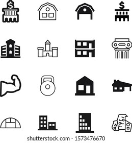 building vector icon set such as: stone, villa, farming, hand, flag, suburb, strength, steel, grow, page, growth, garden, hangar, agronomy, skyscraper, warm, industry, garage, strong, orange