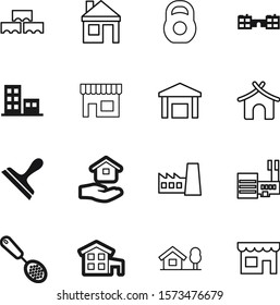 building vector icon set such as: neighborhood, body, steel, red, health, material, measurement, educate, heavy, stock, villa, factory, delivery, blocks, shelter, roof, awning, elementary, wood