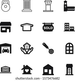 building vector icon set such as: heavy, signboard, garage, storefront, barbell, dinner, interior, inside, spiritual, body, restaurant, care, residence, flight, hand, steel, eat, measurement