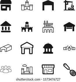 building vector icon set such as: lifting, abstract, cafe, farm, front, child, fairytale, court, auto, river, teamwork, social, reflection, person, storefront, pollution, petersburg, open, ux, hangar