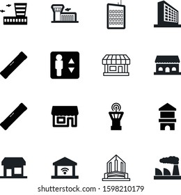 building vector icon set such as: concept, port, power, small, cube, web, direction, down, structure, floor, buildings, arrow, cargo, manufacture, smoke, sky, food, atc, chemical, journey, search