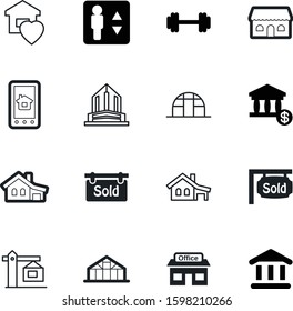 building vector icon set such as: technology, company, reataurant, arrow, app, tablet, barbell, love, button, warning, power, fitness, office, crane, government, up, direction, down, open