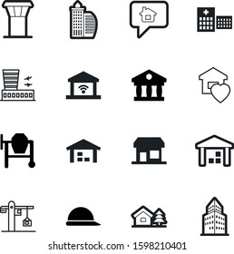 building vector icon set such as: air, helmet, door, sweet, care, train, tree, message, garage, retail, controller, courthouse, store, ui, hospital, restaurant, romance, green, traffic, sky, logistic