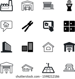 building vector icon set such as: oil, baggage, new, company, air, plant, computer, cutter, reataurant, app, work, government, heat, traffic, flooring, technology, terminal, residence, glyph, store
