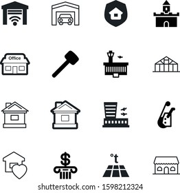 building vector icon set such as: historical, privacy, rubber, hook, up, silhouette, bank, money, logistic, industrial, antique, terminal, royal, mallet, flooring, hothouse, growth, water, defense