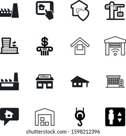 building vector icon set such as: auto, work, investment, automobile, tool, fill, attention, route, heart, courthouse, office, retail, structure, online, key, commercial, mail, sale, automatic, phone