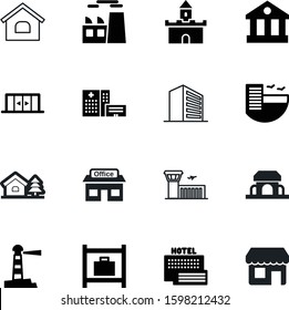 building vector icon set such as: buildings, medic, banking, bank, plant, doorway, doctor, natural, exit, fortress, landscaping, label, healthcare, homepage, aircraft, historical, small, delivery