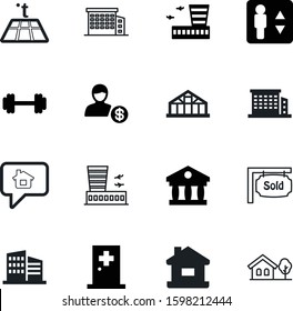 building vector icon set such as: mail, signboard, medicine, homepage, roof, state, people, emergency, climate, bus, industry, ui, shopping, pictogram, tree, landscaping, hothouse, lifting, bar, red