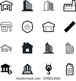 building vector icon set such as: storefront, machine, safe, set, pollution, investment, front, hook, commerce, lifting, bubble, open, internet, door, weight, boutique, government, up, level, banking
