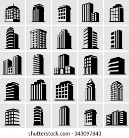 Building vector icons set on gray