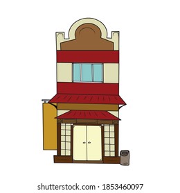Building, vector illustration of the front view . Modern. Facade of the house with doors and Windows
