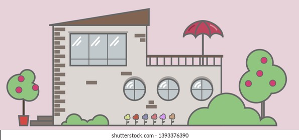 Building vector illustration with landscape design. Minimalistic illustration in cartoon style 