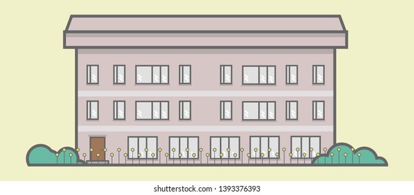 Building vector illustration with landscape design. Minimalistic illustration in cartoon style 