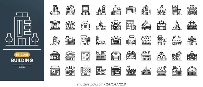 Building vector line icon set. Containing School, Bank, Hospital, Factory, Hotel, Home, Real Estate, Stadium, Museum. Can use for web, infographic, social media, apps, presentation. Editable stroke.