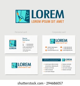 Building vector logo design with business card template. Business city Commercial property, logotype concept
