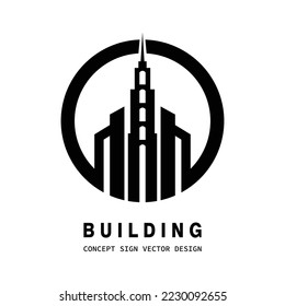 Construcción - logotipo vectorial. Cartel inmobiliario. Ilustración del concepto gráfico de Cityscape. Elemento de diseño.