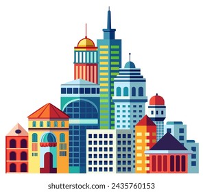 Building vector set flat illustrations of a color silhouette of city structures in outlines on white background