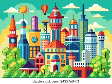 Building vector set flat illustrations of a color silhouette of city structures in outlines on color background