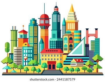 Building vector set flat illustrations of a color silhouette of city structures in outlines