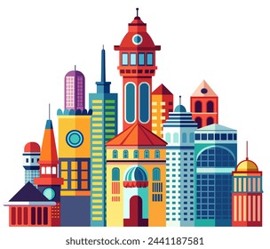 Building vector set flat illustrations of a color silhouette of city structures in outlines