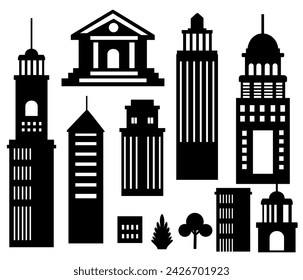 Building vector set illustrations of a black silhouette of city structures in outlines on white background beneath different developments are utilized in high-rise and low-rise outlines urban vector