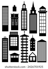 Building vector set illustrations of a black silhouette of city structures in outlines on white background beneath different developments are utilized in high-rise and low-rise outlines urban vector