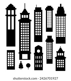 Building vector set illustrations of a black silhouette of city structures in outlines on white background beneath different developments are utilized in high-rise and low-rise outlines urban vector