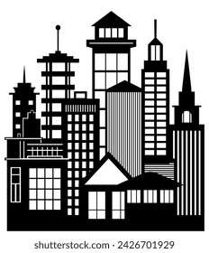 Building vector set illustrations of a black silhouette of city structures in outlines on white background beneath different developments are utilized in high-rise and low-rise outlines urban vector