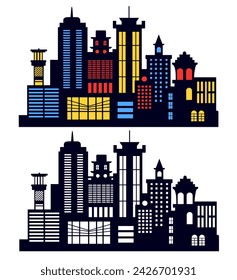 Building vector set illustrations of a black silhouette of city structures in outlines on white background beneath different developments are utilized in high-rise and low-rise outlines urban vector