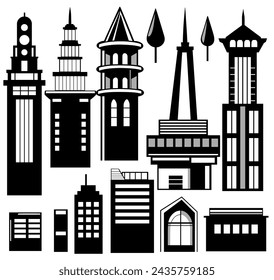 Building vector set illustrations of a black silhouette of city structures in outlines on white background beneath different developments are utilized in high-rise 