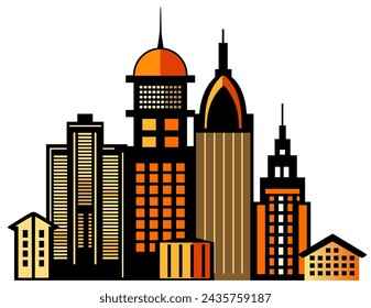 Building vector set illustrations of a black silhouette of city structures in outlines on white background beneath different developments are utilized in high-rise 