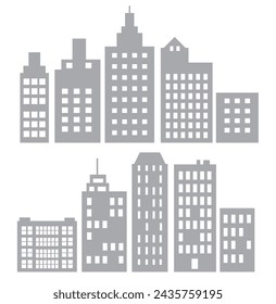 Building vector set illustrations of a black silhouette of city structures in outlines on white background beneath different developments are utilized in high-rise 