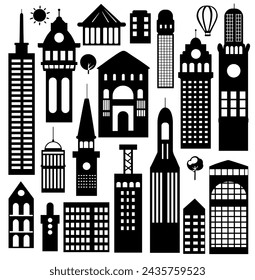 Building vector set illustrations of a black silhouette of city structures in outlines on white background beneath different developments are utilized in high-rise 