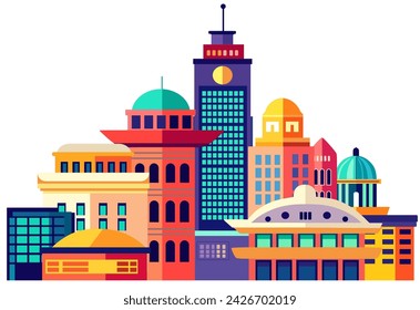 Building vector set illustrations of a color silhouette of city structures in outlines on white background beneath different developments are utilized in high-rise and low-rise outlines urban vector