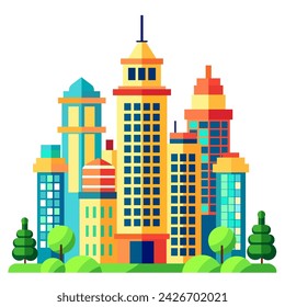 Building vector set illustrations of a color silhouette of city structures in outlines on white background beneath different developments are utilized in high-rise and low-rise outlines urban vector