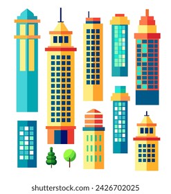 Building vector set illustrations of a color silhouette of city structures in outlines on white background beneath different developments are utilized in high-rise and low-rise outlines urban vector