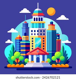 Building vector set illustrations of a color silhouette of city structures in outlines on color background beneath different developments are utilized in high-rise and low-rise outlines urban vector