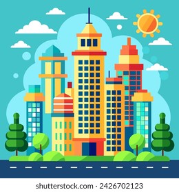 Building vector set illustrations of a color silhouette of city structures in outlines on color background beneath different developments are utilized in high-rise and low-rise outlines urban vector