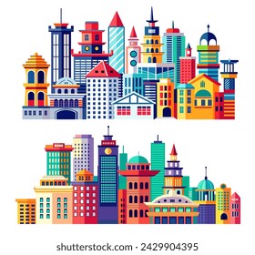 Building vector set illustrations of a color silhouette of city structures in outlines on white background beneath different developments are utilized in high-rise and low-rise outlines urban vector