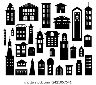 Building vector set illustrations of a silhouette of city structures in outlines beneath different developments are utilized in high-rise and low-rise outlines urban vector