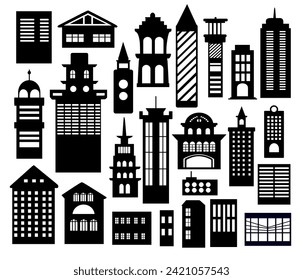 Building vector set illustrations of a silhouette of city structures in outlines beneath different developments are utilized in high-rise and low-rise outlines urban vector