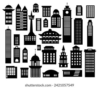 Building vector set illustrations of a silhouette of city structures in outlines beneath different developments are utilized in high-rise and low-rise outlines urban vector