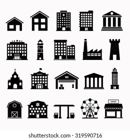 Building vector set isolated from background. Urban and government silhouettes of buildings.  Simple black sign houses. 