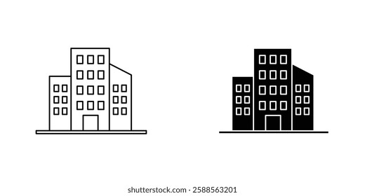 Building vectors icons set in filled and strokes on white background